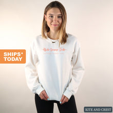 Load image into Gallery viewer, Alpha Gamma Delta Sweatshirt | AGD White Script Letter Crewneck Sweatshirt | Alpha Gamma Delta Sorority Gift Idea - Kite and Crest
