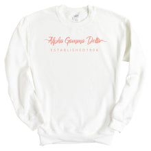 Load image into Gallery viewer, Alpha Gamma Delta Sweatshirt | AGD White Script Letter Crewneck Sweatshirt | Alpha Gamma Delta Sorority Gift Idea - Kite and Crest
