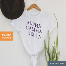 Load image into Gallery viewer, Alpha Gamma Delta T-Shirt | AGD Large and Wavy Letters Shirt | Alpha Gamma Delta Sorority Gift Idea - Kite and Crest
