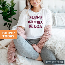 Load image into Gallery viewer, Alpha Gamma Delta T-Shirt | AGD Old Type Written Shirt | Alpha Gamma Delta Sorority Gift Idea - Kite and Crest
