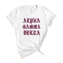 Load image into Gallery viewer, Alpha Gamma Delta T-Shirt | AGD Old Type Written Shirt | Alpha Gamma Delta Sorority Gift Idea - Kite and Crest
