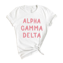 Load image into Gallery viewer, Alpha Gamma Delta T-Shirt | AGD Pink Bubble Letters Shirt | Alpha Gamma Delta Sorority Gift Idea - Kite and Crest
