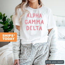 Load image into Gallery viewer, Alpha Gamma Delta T-Shirt | AGD Pink Bubble Letters Shirt | Alpha Gamma Delta Sorority Gift Idea - Kite and Crest
