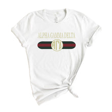 Load image into Gallery viewer, Alpha Gamma Delta T-shirt - Alpha Gam (AGD) Golden Stripes Tee - Kite and Crest
