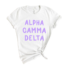 Load image into Gallery viewer, Alpha Gamma Delta T-shirt - Alpha Gam (AGD) Purple Bubble Letters Tee - Kite and Crest
