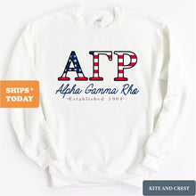 Load image into Gallery viewer, Alpha Gamma Rho Sweatshirt - AGR American Flag Letters Crewneck Sweatshirt - Kite and Crest
