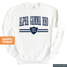 Load image into Gallery viewer, Alpha Gamma Rho Sweatshirt - AGR Striped Shield Crewneck Sweatshirt - Kite and Crest
