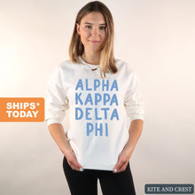 Load image into Gallery viewer, Alpha Kappa Delta Phi Blue Bubble Letters Crewneck Sweatshirt - Kite and Crest
