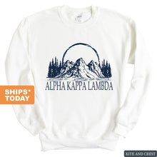 Load image into Gallery viewer, Alpha Kappa Lambda Epic Mountains Sweatshirt - Fraternity Crewneck Sweatshirt - Kite and Crest
