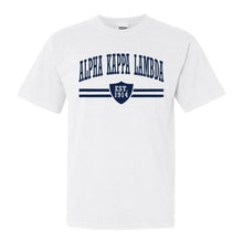 Load image into Gallery viewer, Alpha Kappa Lambda Striped Shield Comfort Colors T-Shirt - Fraternity Tee - Kite and Crest
