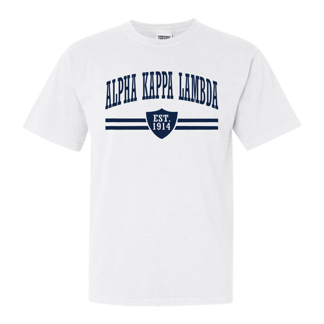 Alpha Kappa Lambda Striped Shield Comfort Colors T-Shirt - Fraternity Tee - Kite and Crest