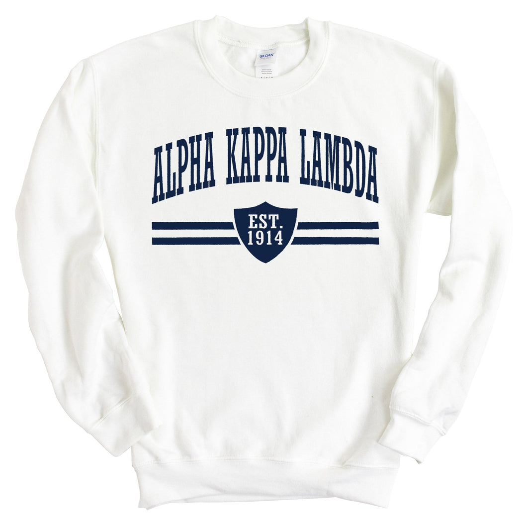 Alpha Kappa Lambda Striped Shield Sweatshirt - Fraternity Crewneck Sweatshirt - Kite and Crest