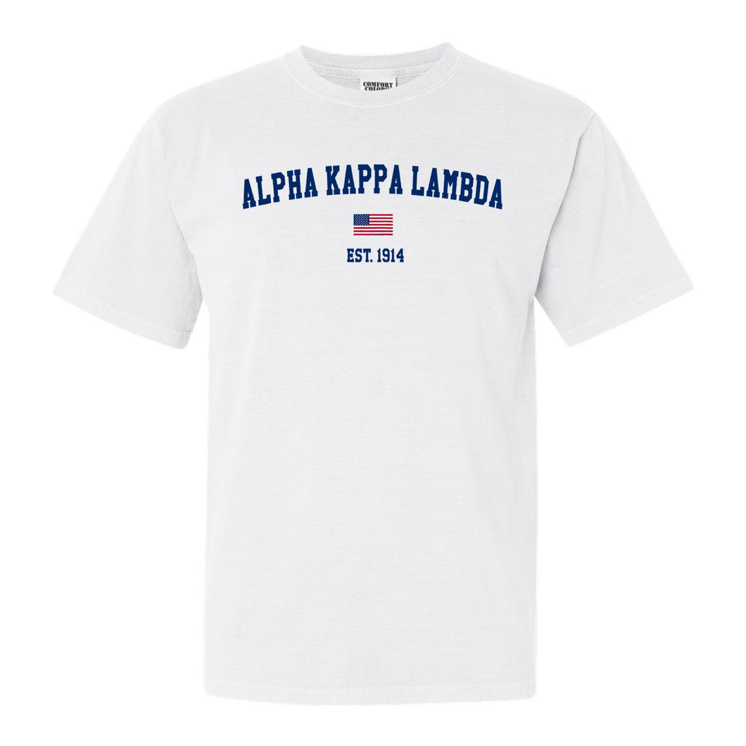 Alpha Kappa Lambda USA Flag Comfort Colors T-Shirt - Fraternity Tee - Kite and Crest