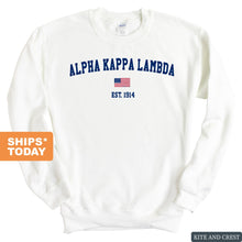 Load image into Gallery viewer, Alpha Kappa Lambda USA Flag Sweatshirt - Fraternity Crewneck Sweatshirt - Kite and Crest
