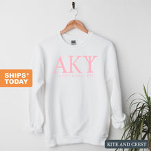 Load image into Gallery viewer, Alpha Kappa Psi Classic Pink Letters Sweatshirt - Fraternity Crewneck Sweatshirt - Kite and Crest
