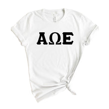 Load image into Gallery viewer, Alpha Omega Epsilon Basic Black Letters T-shirt - Kite and Crest
