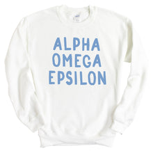 Load image into Gallery viewer, Alpha Omega Epsilon Blue Bubble Letters Crewneck Sweatshirt - Kite and Crest
