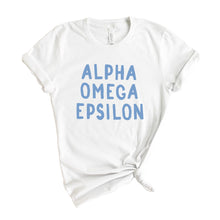 Load image into Gallery viewer, Alpha Omega Epsilon Blue Bubble Letters T-shirt - Kite and Crest

