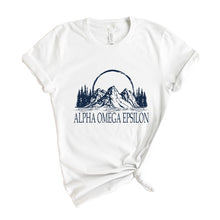 Load image into Gallery viewer, Alpha Omega Epsilon Epic Mountains T-shirt - Kite and Crest
