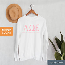 Load image into Gallery viewer, Alpha Omega Epsilon Pink Letter Crewneck Sweatshirt - Kite and Crest
