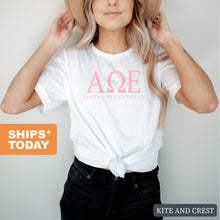 Load image into Gallery viewer, Alpha Omega Epsilon Pink Letter T-shirt - Kite and Crest
