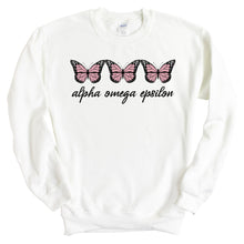 Load image into Gallery viewer, Alpha Omega Epsilon Three Butterflies Crewneck Sweatshirt - Kite and Crest
