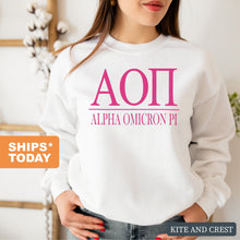 Load image into Gallery viewer, Alpha Omicron Pi Big Letters Sorority Crewneck Sweatshirt - Kite and Crest
