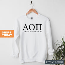 Load image into Gallery viewer, Alpha Omicron Pi Block Letter Sorority Crewneck Sweatshirt - Kite and Crest
