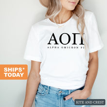 Load image into Gallery viewer, Alpha Omicron Pi Block Letter Sorority T-Shirt - Kite and Crest
