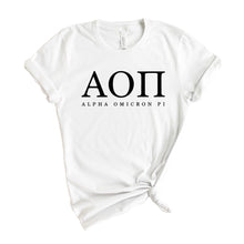 Load image into Gallery viewer, Alpha Omicron Pi Block Letter Sorority T-Shirt - Kite and Crest
