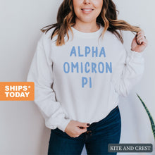 Load image into Gallery viewer, Alpha Omicron Pi Blue Bubble Letter Sorority Crewneck Sweatshirt - Kite and Crest
