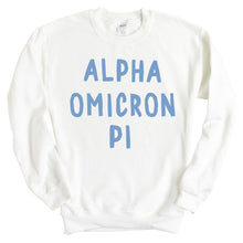 Load image into Gallery viewer, Alpha Omicron Pi Blue Bubble Letter Sorority Crewneck Sweatshirt - Kite and Crest
