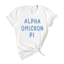 Load image into Gallery viewer, Alpha Omicron Pi Blue Bubble Letter Sorority T-Shirt - Kite and Crest
