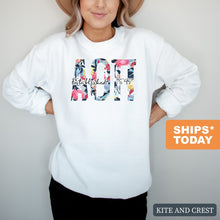 Load image into Gallery viewer, Alpha Omicron Pi Floral Block Sorority Crewneck Sweatshirt - Kite and Crest
