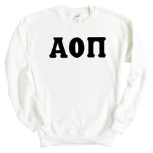 Load image into Gallery viewer, Alpha Omicron Pi Sweatshirt | AOPI Basic Black Letters Crewneck Sweatshirt | Alpha Omicron Pi Sorority Gift Idea - Kite and Crest
