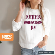 Load image into Gallery viewer, Alpha Omicron Pi Sweatshirt | AOPI Old Type Written Crewneck Sweatshirt | Alpha Omicron Pi Sorority Gift Idea - Kite and Crest

