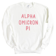 Load image into Gallery viewer, Alpha Omicron Pi Sweatshirt | AOPI Pink Bubble Letters Crewneck Sweatshirt | Alpha Omicron Pi Sorority Gift Idea - Kite and Crest
