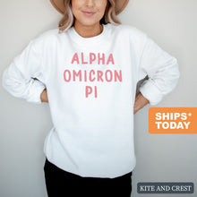 Load image into Gallery viewer, Alpha Omicron Pi Sweatshirt | AOPI Pink Bubble Letters Crewneck Sweatshirt | Alpha Omicron Pi Sorority Gift Idea - Kite and Crest
