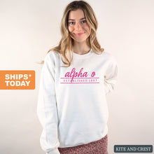 Load image into Gallery viewer, Alpha Omicron Pi Sweatshirt | AOPI Pink Established Crewneck Sweatshirt | Alpha Omicron Pi Sorority Gift Idea - Kite and Crest
