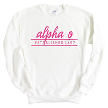 Load image into Gallery viewer, Alpha Omicron Pi Sweatshirt | AOPI Pink Established Crewneck Sweatshirt | Alpha Omicron Pi Sorority Gift Idea - Kite and Crest
