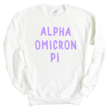 Load image into Gallery viewer, Alpha Omicron Pi Sweatshirt - AOPI Purple Bubble Letters Crewneck Sweatshirt - Kite and Crest
