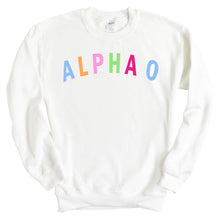 Load image into Gallery viewer, Alpha Omicron Pi Sweatshirt | AOPI Rainbow Letter Crewneck Sweatshirt | Alpha Omicron Pi Sorority Gift Idea - Kite and Crest
