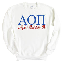 Load image into Gallery viewer, Alpha Omicron Pi Sweatshirt | AOPI Red and Blue Crewneck Sweatshirt | Alpha Omicron Pi Sorority Gift Idea - Kite and Crest
