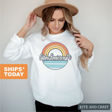 Load image into Gallery viewer, Alpha Omicron Pi Sweatshirt - AOPI Wavy Rainbow Crewneck Sweatshirt - Kite and Crest
