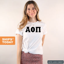 Load image into Gallery viewer, Alpha Omicron Pi T-Shirt | AOPI Basic Black Letters Shirt | Alpha Omicron Pi Sorority Gift Idea - Kite and Crest
