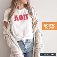 Load image into Gallery viewer, Alpha Omicron Pi T-shirt - AOPI Cute Letters Tee - Kite and Crest
