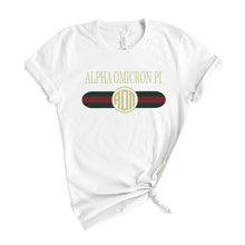 Load image into Gallery viewer, Alpha Omicron Pi T-shirt - AOPI Golden Stripes Tee - Kite and Crest
