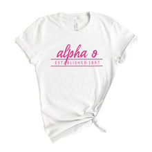 Load image into Gallery viewer, Alpha Omicron Pi T-Shirt | AOPI Pink Established Shirt | Alpha Omicron Pi Sorority Gift Idea - Kite and Crest
