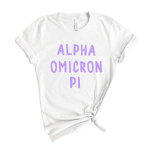 Load image into Gallery viewer, Alpha Omicron Pi T-shirt - AOPI Purple Bubble Letters Tee - Kite and Crest
