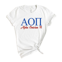 Load image into Gallery viewer, Alpha Omicron Pi T-Shirt | AOPI Red and Blue Shirt | Alpha Omicron Pi Sorority Gift Idea - Kite and Crest
